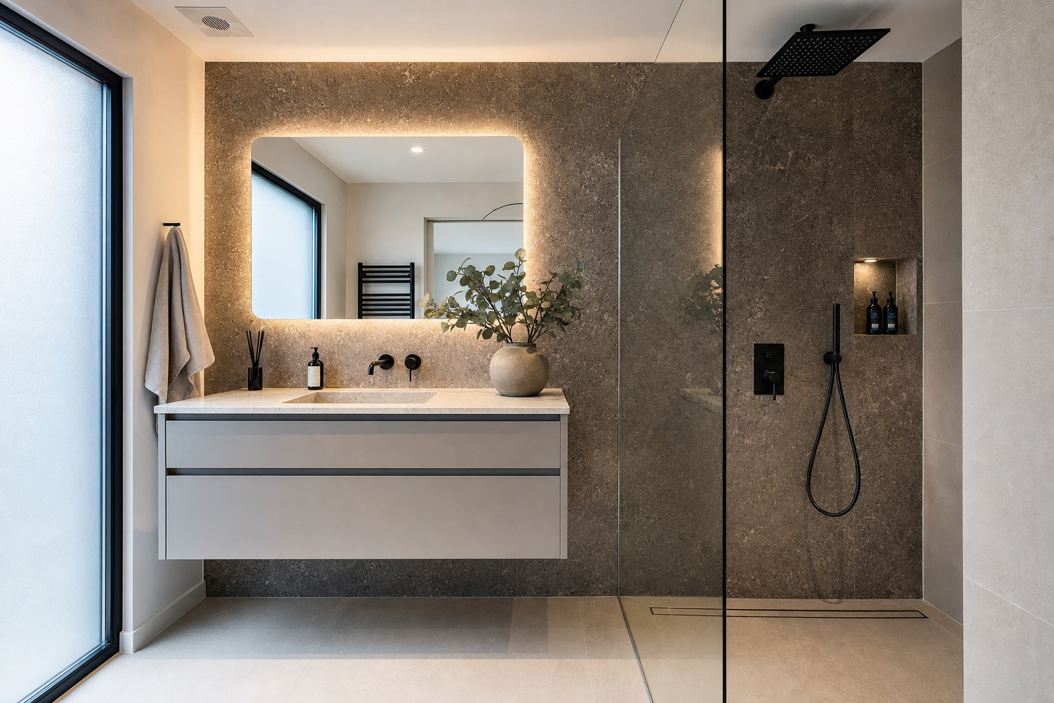 Natuursteen wand paneel in badkamer